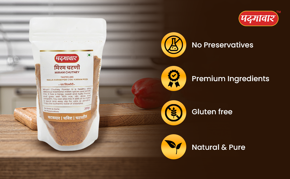 Padmawar Miram Chutney - Tangy, Nutty, Spicy Dry Powdered Chutney | Delicious & Ready-to-Eat | Rich Ingredients | No Preservatives or Additives (200 GMS)